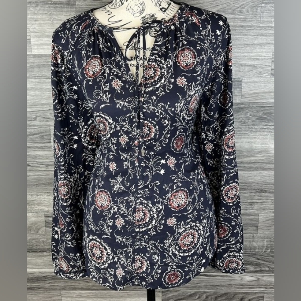 Ann Taylor Blue and Pink Long Sleeve Tie Front Blouse